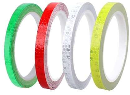 WeddHuis 4 Rouleaux Ruban Réfléchissant, Autocollant Imperméable Haute Intensité pour Route, Vélos, Casques, Moto (10mm x 8m) (Blanc, Jaune, Rouge, Vert)