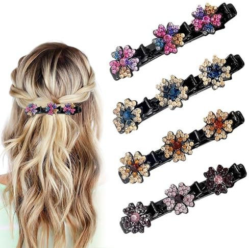 4 Pièces Pinces à Cheveux Tressées en Pierre de Cristal Etincelante, Barrettes à Cheveux Tressés avec Strass, Pince À Cheveux pour Femmes, Double Couche pour les Filles et les Femmes (A)