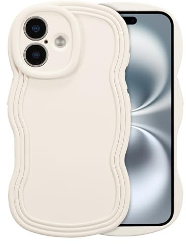 XIZYO Case for iPhone 16 6.1 Inch, Cute Solid Color Curly Wave Shape Frame Silicone Shockproof Case, for Women Girls Slim Soft TPU Full Camera Lens Protective Cover, Off-white