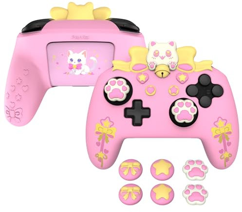 PlayVital Kawaii Silikon Hülle für Nintendo Switch Pro Controller, Anti-Rutsche Schutzhülle Case Skin Zubehör für Nintendo Switch Pro mit Daumengriffkappen und Aufkleber(Sweetheart Kitty-Rosa)
