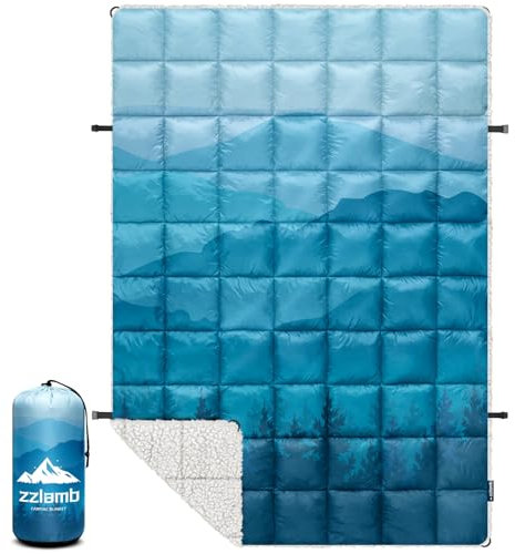 zzlamb Sherpa Puffy Campingdecke, tragbar, Outdoor, warm, tragbare Fleecedecke für kaltes Wetter, dicke Camping-Steppdecke mit Sherpa-Futter zum Schlafen, Reisen, Rucksackreisen, Stadion, 132 x 180