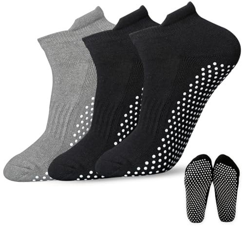 LUFFLOK 3 Paare Stoppersocken Grip Socken Yoga Socken für Frauen und Männer Pilates Sneaker Socken für Yoga Pilates Tanz Zuhause Fitness Krankenhaus Baumwollesocken Einheitsgröße (2 Schwarz + 1 Grau)