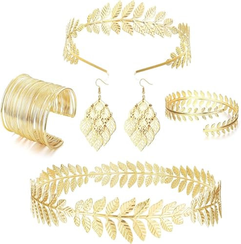 joonnair 5 STÜCKE Griechische Göttin Kostüm Set für Frauen: Kopfschmuck, Schmuck, Römische Göttin Haarreif Modeschmuck Set mit Blätter-Design, Lorbeerkranz für Braut Kostüm Hochzeit