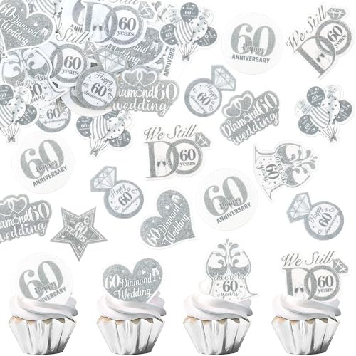 Blumomon 40Pcs Edible 60th Wedding Anniversary Cupcake Toppers Edible Diamond Weddding Anniversary Cake Decoration for Celebration Party Supplies