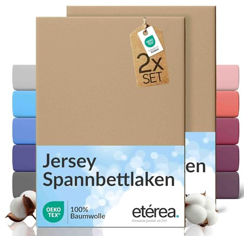 etérea Jersey 2er Set Spannbettlaken 100x200cm - 120x200cm Taupe bis 25 cm Höhe - 100% Baumwolle Spannbetttuch Oekotex - Doppelpack Bettlaken 100x200 cm - 120x200 cm - Braun