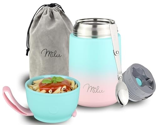 Milu® Thermobehälter für Essen 450ml, Edelstahl, Thermo Lunchbox, Suppenbehälter to go, Thermobox, Thermodose zum Warmhalten Suppen, Babybrei, Speisebehälter, breiwärmer unterwegs, Mint Pink 450ml