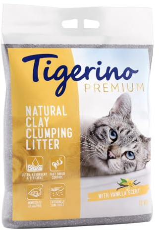 Tigerino Premium Katzenstreu, ergiebige Klumpstreu aus Naturton-Granulat: feinkörnig, schnelle und Starke Klumpenbildung, bindet Gerüche (1x12kg, Vanilleduft)