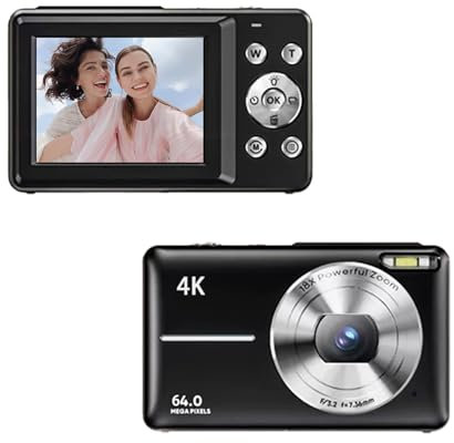 TFixol Appareil photo numérique 4K/30 fps 64 MP Écran de 2,88 pouces Batterie intégrée numérique 18x avec carte TF 32 Go Anniversaire Adolescents Étudiants Amis Noir