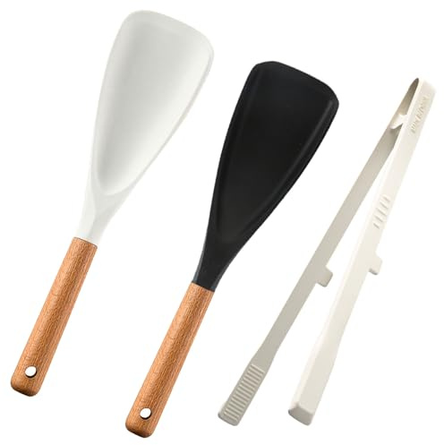 Spatule multifonctionnelle Cuillère de cuisine, pince de cuisine, 2 en 1 Cuillère en silicone mat Cuillère à salade avec manche en bois, résistante à la chaleur (Noir + Blanc)