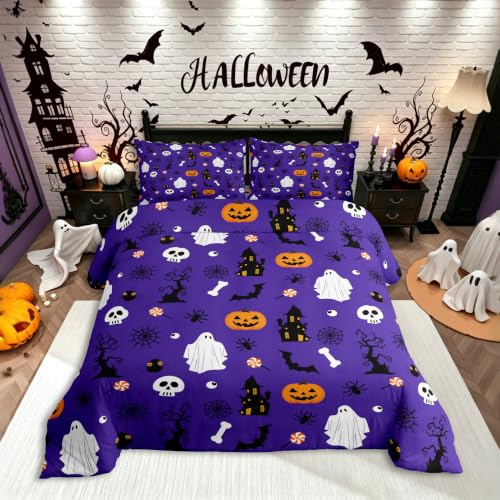 Homewish Halloween Geister Fledermäuse Kürbis Bettwäsche 155x220 | Bettbezug Mädchen Totenköpfe Bettwäscheset Spinnennetze Spinnen Spukhäuser Tote Bäume Spiral-Lollis Bettset