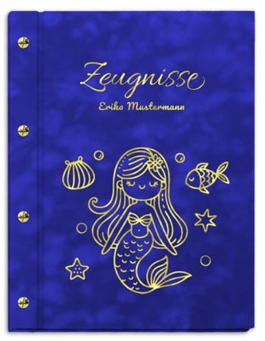 Personalisierbare Zeugnismappe in königsblauer Samtoptik mit eigenem Namen und Motiv - inkl. 12 Sichthüllen - Goldener Aufdruck mit individuellem Motiv selbst gestalten