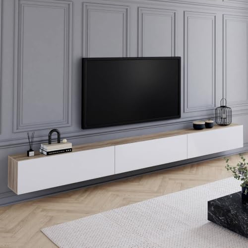 IDMarket - Meuble TV 300 cm Suspendu Elio 3 Portes Bois et Blanc