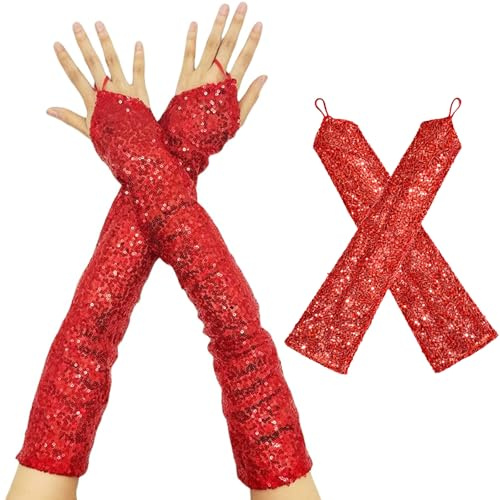 Gleemix Karneval Lange Handschuhe Damen, Karneval Fingerlose Rot Armstulpen, Glitzer Spitzen Handschuhe für Fasching Kostüm 80er Jahre Kostümparty Halloween Cosplay Zubehör