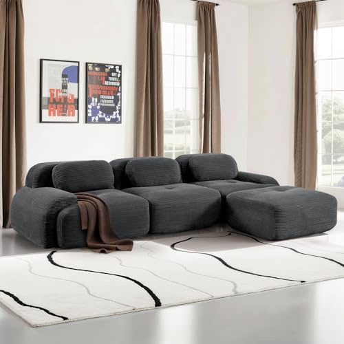 SoarFlash Modernes modulares Sofa, Kordtstoff-Oberfläche, Tiefe Sitzfläche + breite Armlehnen, werkfertig, 3-Sitzer Ecksofa, Gris foncé