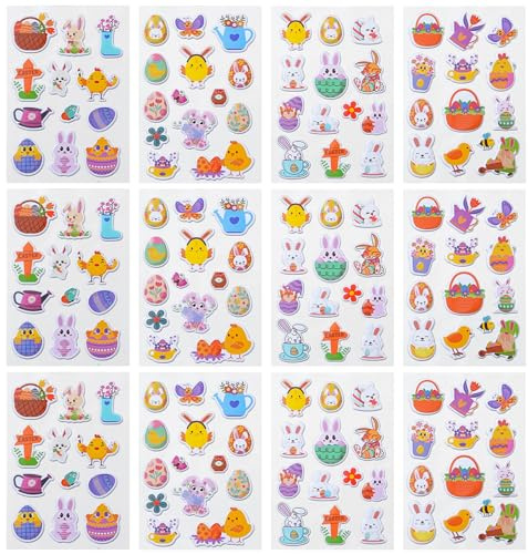 Ovanda 156 Stück Ostereier Aufkleber, 3D Ostersticker, DIY Ostereier Dekorationen, Ostersticker Selbstklebend, Ei Hase und Küken Stickers, Abziehbilder Ostern für Wasserflaschen,Scrapbooking