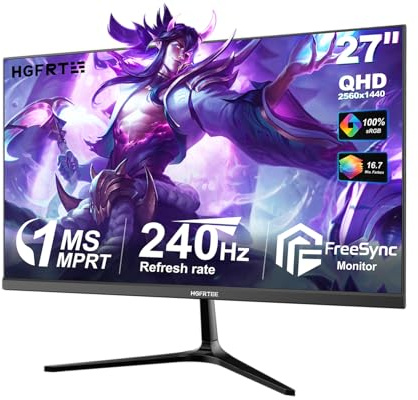 HGFRTEE 27 Inch 240Hz Gaming Monitor, QHD 2560×1440 Fast IPS Computer Monitor, 1ms MPRT, FreeSync, HDMI & DisplayPort, 100% sRGB, VESA Mountable, Ultra-Slim Bezel for FPS Gaming and Office