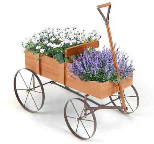 GiantexUK Wooden Wagon Garden Planter, Flower Cart with Long Handle and Flexible Wheels, Outdoor & Indoor Decorative Wheelbarrow Flower Pot Stand (Orange) | Outdoor & Indoor Decorative Wheelbarrow Flower Pot Stand with Long Handle and Flexible Wheels