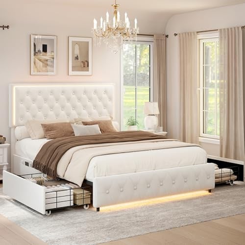 Sibeds 4ft6 Double Bed Frame, Storage Drawers, Adjustable Headboard, Cream | Velvet Upholstered Platform Bed, LED Lights, Button Tufted Design, 2 Side Pockets, Wooden Slats Support, No Box Spring Needed