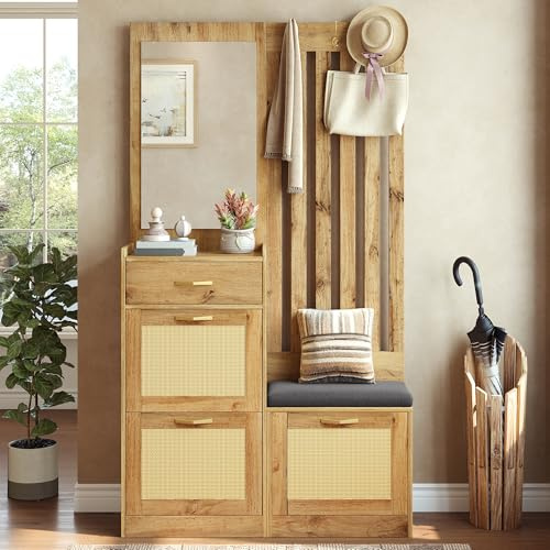 Gecheer Kompaktgarderobe mit Spiegel & Sitzbank, Schuhschrank, Haken, Rattanoptik, MDF, Aluminiumgriffe, platzsparend, für Eingangsbereich