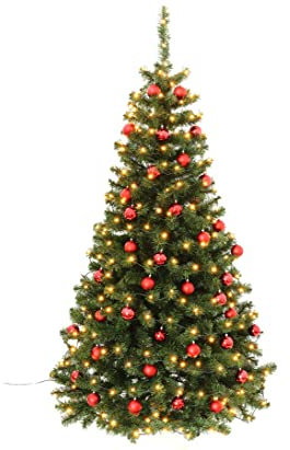 Künstlicher Weihnachtsbaum Christbaum dekoriert mit vormontierten Christbaumkugeln rot, 210cm hoch mit vormontierter LED-Beleuchtung von kunstpflanzen-discount.com