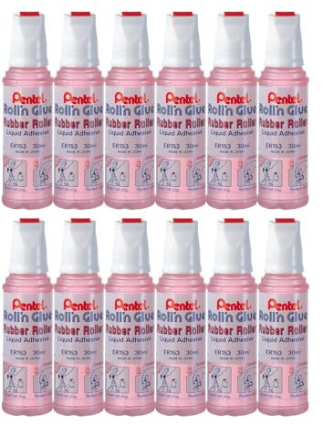 Pentel ER153-P Lot de 12 Colles liquides inodores et transparentes - Flacon Rose - 30 ml