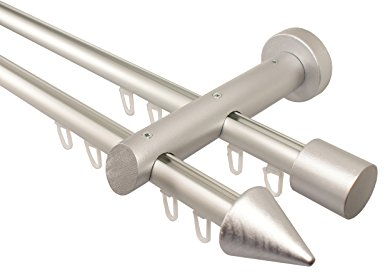 Innenlauf Gardinenstange 2-läufig aus Aluminium und Holz alu silber, 20 mm, Endstück Kegel, 160 cm
