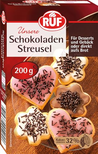 RUF Schokoladen-Streusel, Schoko-Dekor für bunte Plätzchen, Kuchen, Muffins, Pudding und Eis oder als Streusel auf Brot, glutenfrei und vegan, 1 x 200g