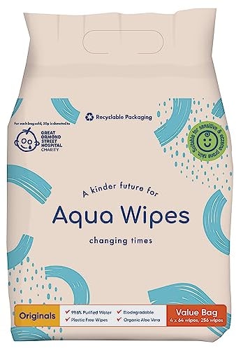 Aqua Wipes Baby Wipes Value Bag (4 x 64 Wipe Packs (256 Wipes)), 100% Biodegradable, Plastic Free Wipes, 99.6% Purified Water, Newborn Wipes, Vegan, Paraben and Perfume Free, NHS Approved, AQW64F4B