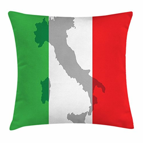 Lunarable Kissenbezug mit italienischer Flagge, Kartenansicht Italien, Landkarte Nationalland, Europa, dekorativer quadratischer Akzent-Kissenbezug, 45,7 x 45,7 cm, Farngrün