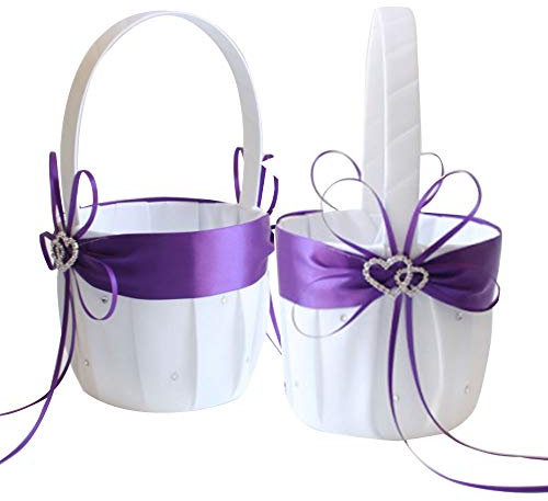 Awtlife 2 Stück lila Blumenmädchen Korb Doppelherz Strass Elegant für Hochzeit Zeremonie Party Gastgeschenk