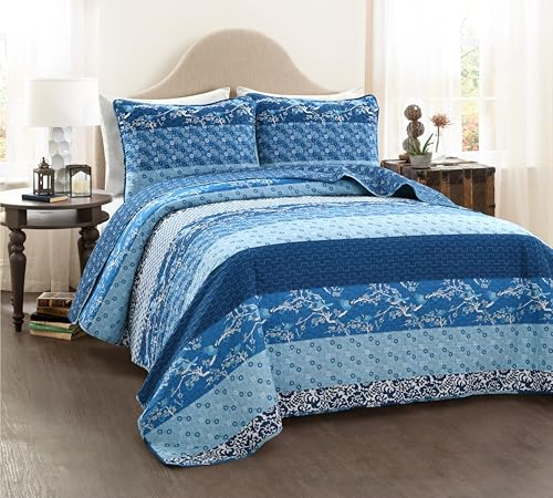 Lush Decor Royal Empire Reversible Cotton Quilt Set, 3 Piece Set King, Navy - Striped Bedding Set - Floral Quilt King Size - Boho Decor