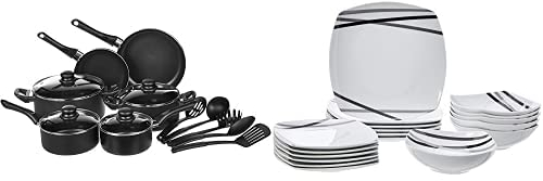 Amazon Basics - Vajilla de 18 piezas, Líneas modernas, 6 servicios + Juego de utensilios de cocina antiadherentes, 15 piezas
