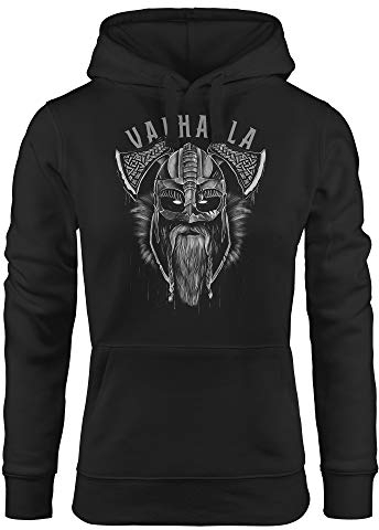Neverless® Hoodie Damen Aufdruck Valhalla Wikinger Helm Viking Odin Krieger Kapuzen-Pullover schwarz M