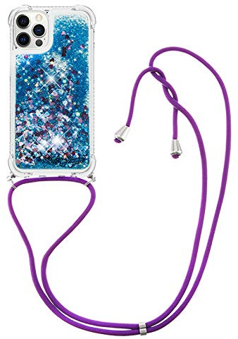 MRSTER Lanyard Phone Case for iPhone 12 Mini, Bling Glitter Quicksand Liquid Sparkle Silicone TPU Case Cover With Crossbody Necklace Cord Strap for iPhone 12 Mini 5.4”. LP Love Blue