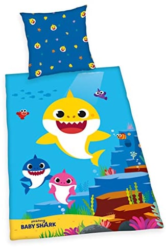 Herding Baby Shark Bettwäsche-Set, Cotton, blau, 80 x 80 cm, 135 x 200 cm