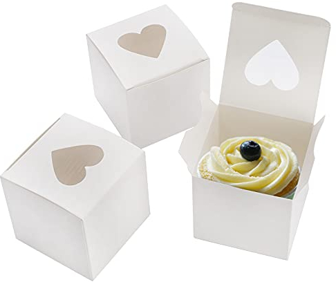 Suwimut 100 Pack Mini Individual Cupcake Box with Heart Shaped Window, 3Inch / 7.5cm Small White Single Cupcake Container Cardboard Holder for Cookie Dessert Pastry Birthday Wedding Party Favors