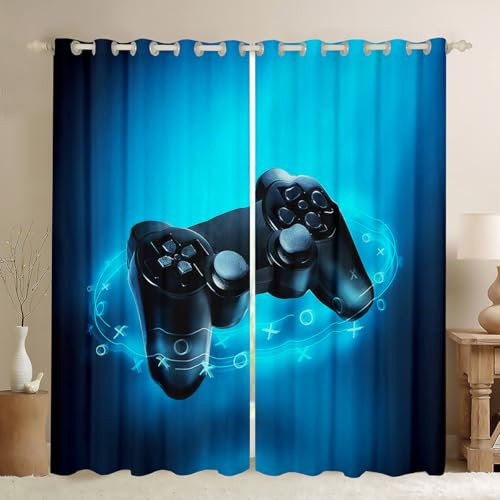 Loussiesd Kinder Jungen Blickdichte Vorh?nge Gamepad drucken Vorh?nge Blau Spielthema Fenstervorhang Videospiel Action Buttons 137x117cm für Jugendliche Mikrofaser Vorh?nge Dekor 2 Panels