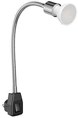 ledscom.de Steckdosenlampe LESCH Leselampe Schwanenhals, Schalter, chrom/schwarz + LED Lampe 450lm warm-weiß