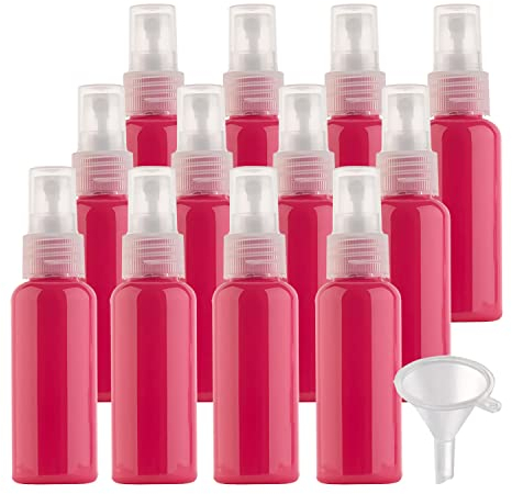 50 Piezas 50ml Botellas de Spray, Botes Pulverizador de Plástico Rojo, Botella Rellenables con Bomba en Spray para Perfumes Cosméticos Viajes y 4X Embudos