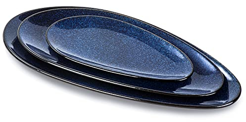 vicrays Large Oval Serving Platters, 16/14/10 Porcelain Serving Platters for Party, BBQ,Stackable Trays Serving Plates for Appetizers, Sushi, Restaurant, Dessert Shop, Set of 3 (Blue)