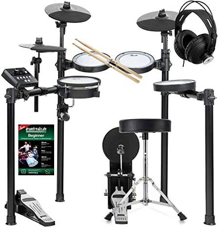 XDrum DD-460P E-Drum Kit Home Set - Kompaktes elektronisches Schlagzeug - 25 Kits und 15 Songs - Mesh Heads - Spar-Set inkl. Hocker, Kopfhörer, Sticks und Schule - Schwarz