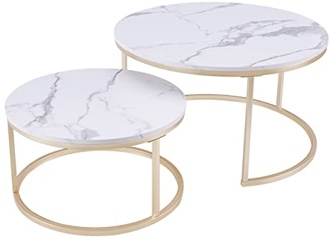 Huuryoudo Couch Tisch, Couchtisch 2er Set Rund Tisch Wohnzimmer Rund mit Metallgestell Beistelltisch Weiss Modern Satztische fürs Wohnzimmer, Weiß Gold Marmor Optik