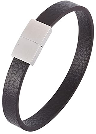 Skcess Lederarmband Herren Silber，Herrenarmbänder Aus Leder Einfaches Lederarmband Rostfreier Stahl Schmuck für Männer 18.5cm
