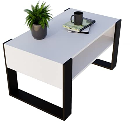 Couchtisch KARO rechteckiger Kaffeetisch aus Holz Modern Teetisch 95 x 53,6 x 45cm massiv und stabil (Weiss/Schwarz), 0012