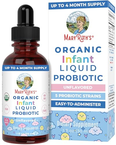 MaryRuth's Organic Infant Liquid Probiotic for Ages 6-12 Months | 100 Million CFU | 5 Probiotic Strains | Probiotics for Infants | Proprietary Probiotic Blend | USDA Organic | Vegan | Unflavored |1 oz