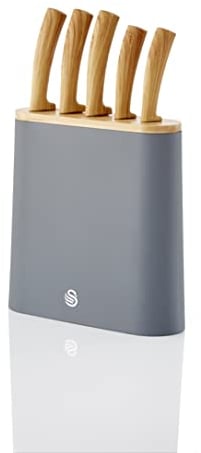 Swan SWKB1060GRYN Nordic 5 -Piece Knife Block, Bamboo Top and Handles, Stainless Steel, Fine Edge, Ergonomic Handles, Scandinavian Design, Knives Included, Slate Grey