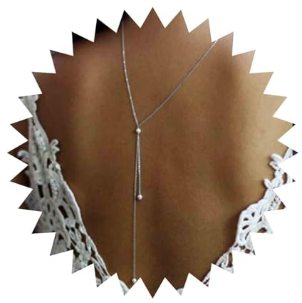 Aneneiceera Boho Perlenkette Halskette Silber Hintergrund Halskette Retro Körperkette Sommer Braut Rücken Tropfenkette Lange Halskette Braut Lasso Silberkette Strand Körperschmuck für Frauen Mädchen