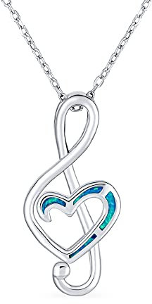 Collier Pendentif En Argent Sterling .925 Avec Note De Clé De Sol En Forme De Cœur Incrustée En Opale Bleue Créé Par Un Professeur D'Étudiant En Musique De Bijoux Musicaux Pour Adolescents Et Femmes