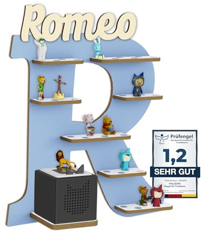 Holzura Tonie Regal für Toniebox, Toniebox Regal personalisiert mit Name und Holzsymbolen, Tonie Aufbewahrung (Buchstabe R)