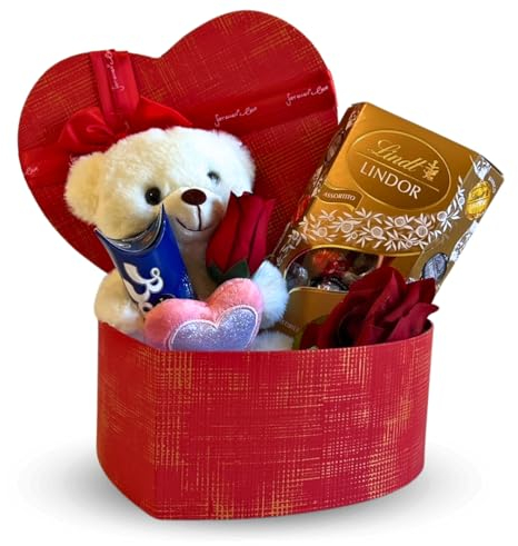 Regalo San Valentino e Festa della Donna 2025 Scatola Cuore + Tubino Baci Perugina Classico + 200gr Cornet Assortiti + Orsacchiotto + Rosa Rossa